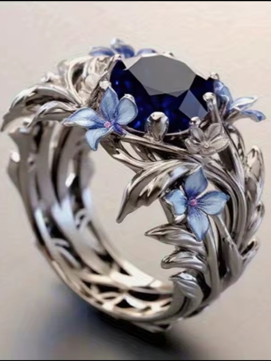 REVOLVE Jewelry - Silver Ring with Deep Blue Center and Blue Floral Accents